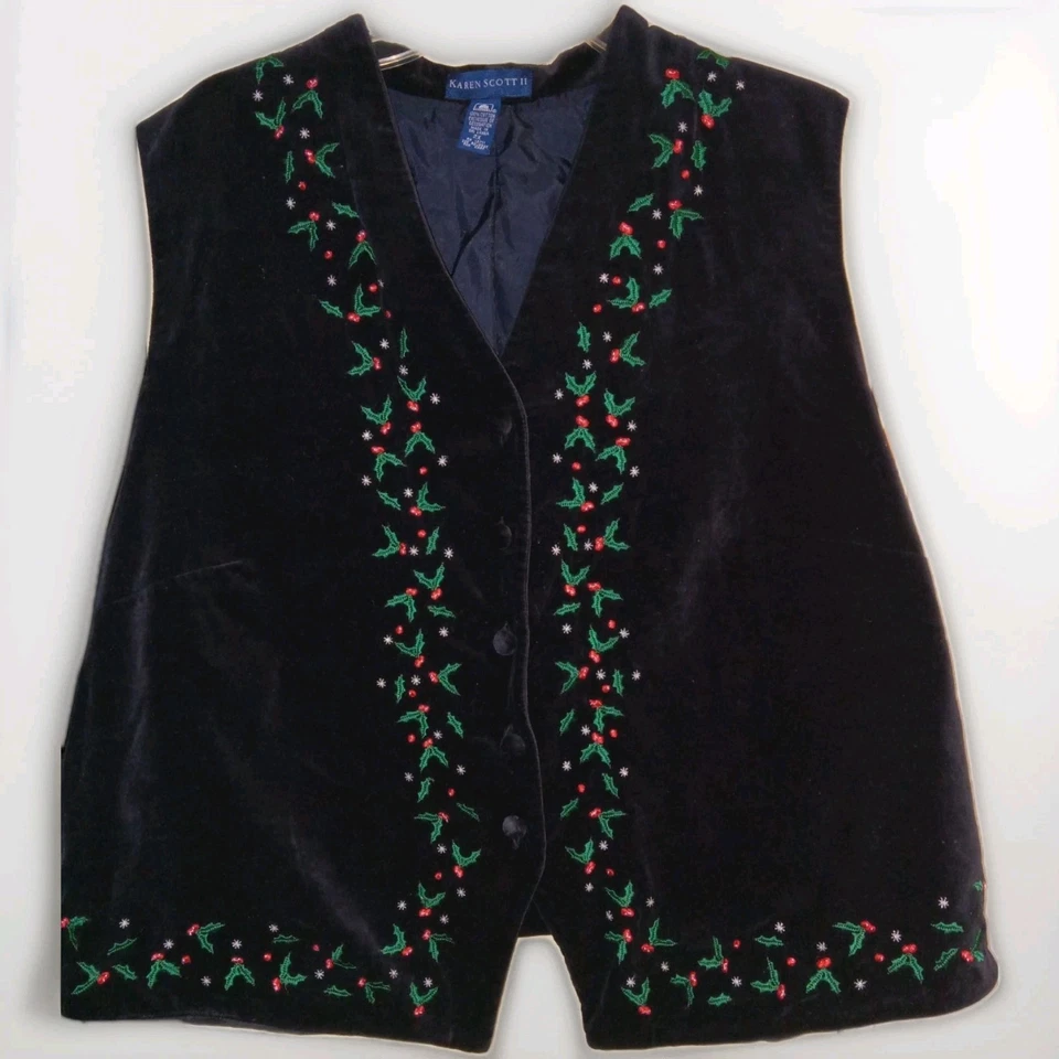 Vintage Karen Scott II 2X Black Cotton Velvet Christmas Holly Vest Embroidered - Image 1 of 4