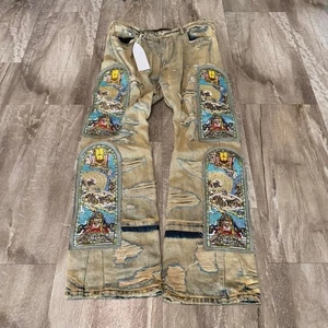 Who Decides War Unfurled Rhinestone Window Pane Distressed Blue Jeans Mens Sz 38 - Picture 1 of 8