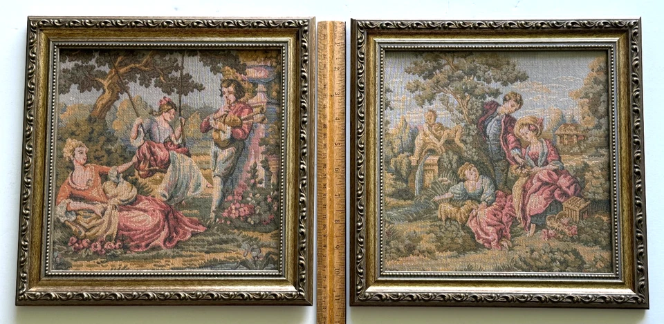 Vintage Belgium Tapestry Set Gold Gilt Frame Rococo Romantic Scene 11" Wall Art - Image 1 of 4