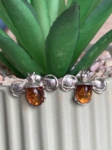 Amber Bee Stud Earrings Sterling Silver 925 Cognac Gemstone - Picture 1 of 4