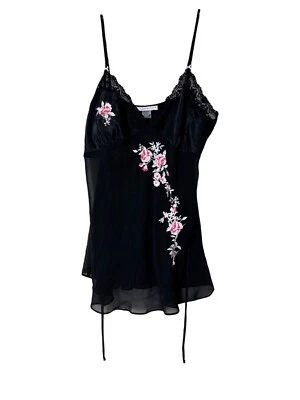 Camisón floral negro y rosa vintage con correa de espagueti talla XL de la dinastía California Foto 1 de 4