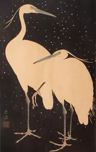 Ide Gakusui Japanese Woodblock Print c.1950 Two Herons in the Snow Signed - Picture 1 of 7