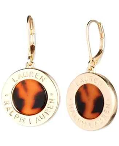 RALPH LAUREN GOLD TONE TORTOISE DISC DROP,SIGNATURE COIN EARRINGS - Picture 1 of 2