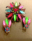 VTG Selro Selini japanned Navettes flower pin brooch + earrings Bright Colors