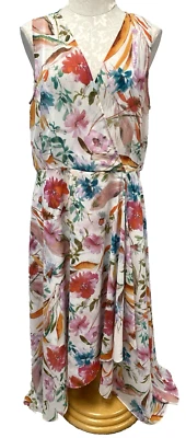 Vestido midi floral acuarela Calvin Klein rosa blanco dobladillo alto bajo volantes forrado 14 Foto 1 de 4
