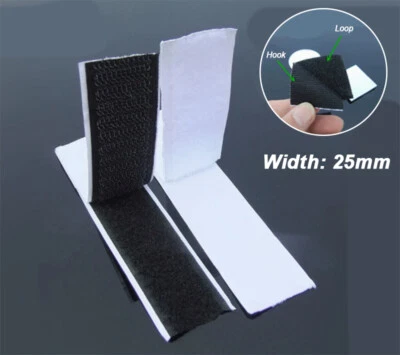 25mm Width Strong Stick On Self Adhesive Tape Hook Loop Sticky Strip White Black - Image 1 of 4