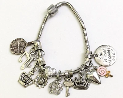 Pulseira de berloque estilo europeu tom prata chave coração girassol nota musical coroa - Imagem 1 de 4