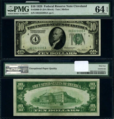 FR. 2000 D $10 1928 Federal Reserve Note Cleveland D-A Block Choice PMG CU64 EPQ - Image 1 of 3