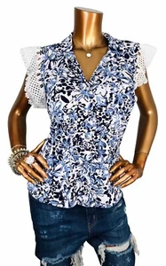 Adrienne Vittadini L Top Stretch Floral Short Cap Slvs Blouse Low V Cut Logo - Picture 1 of 12
