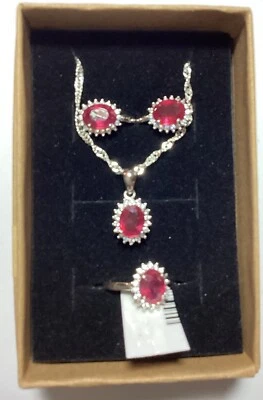 Ruby Halo Sterling Silver Necklace, Earrings & Ring (7) Set - Image 1 of 4