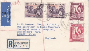 1959 Kenya,Uganda&Tanzania #104,#110,#113(2)on Jinja Uganda Reg Cov to England*d - Picture 1 of 2