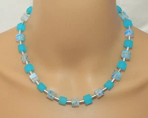 Collana catena cubo cubo Millefiori Murano art turchese bianco argento 210q - Foto 1 di 11