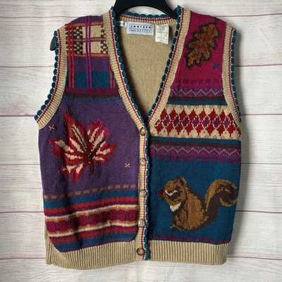 Vintage Jantzen Petites Fall Knit Sweater Vest Embroidered Squirrel Leaf Size L - Image 1 of 4