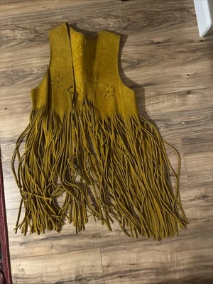 Womens M Vest Western Native American Leather Long Tassels Fringe Hippie 60’s - Image 1 of 4