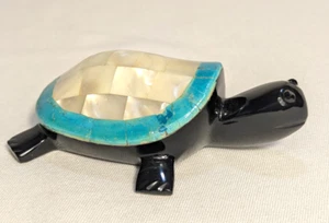 Vintage black onyx obsidian Turtle figurine hand-carved abalone shell  turquoise - Picture 1 of 11