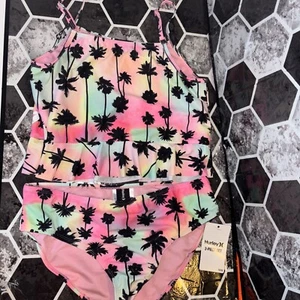 Brand New Girl's HURLEY 2 Piece Tankini Rainbow Palm Tree Swimsuit Size 14/16 - Picture 1 of 3
