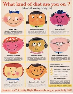 1958 Bananas United Fruit Company What Kind of Diet? Kitchen Art Print Ad - Picture 1 of 1