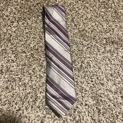 Calvin Klein Striped Necktie - Gray, Purple, Silver - Men's Fashion Accessory - Image 1 of 3