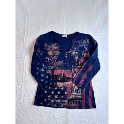 Camisa Y2K Cactus Henley Nueva York Gran Manzana Fuegos Artificiales Azul Manga Larga Para Mujer M * Foto 1 de 4