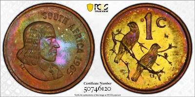 PR65BN 1965 1C South Africa 1 Cent Proof, PCGS Trueview- Rainbow Toned - Image 1 of 4