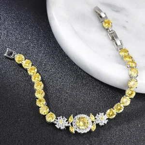 Luxury Women Girl Party Jewelry Yellow Citrine Gemstone Charm Silver Bracelets - Picture 1 of 13