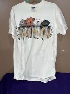 Vintage hand-painted 4 cats On Fence T-Shirt Size L - Picture 1 of 9