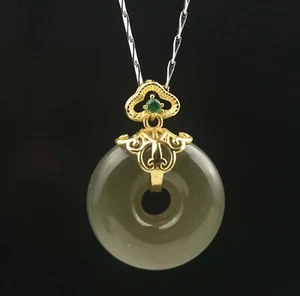 Old natural hetian jade and silver necklace ping an kou pendant #28 - Picture 1 of 8