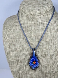 Art Glass Pendant Necklace Sterling Silver 925 Clasp Leather Rope C8891 - Picture 1 of 12