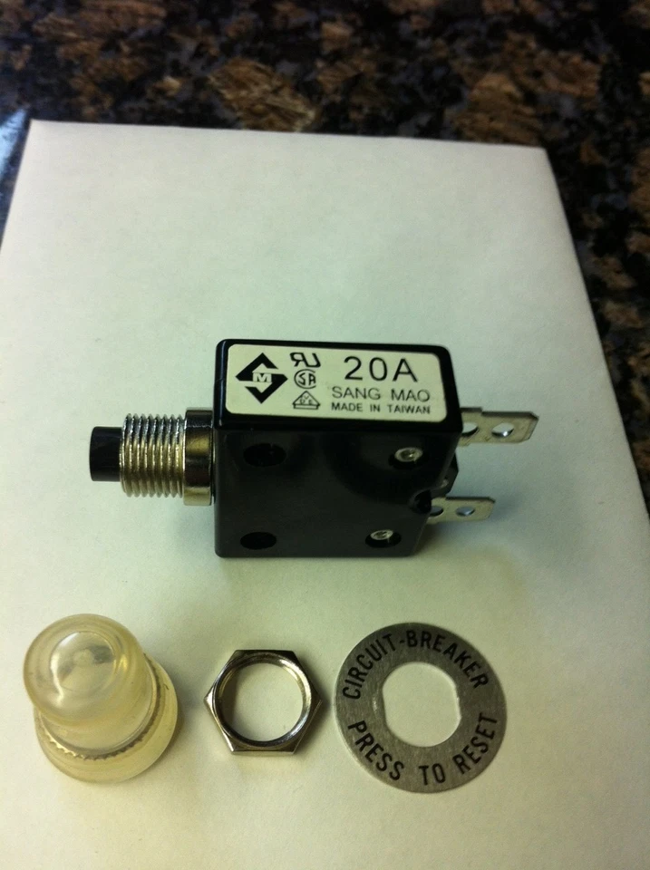 Sang Mao 20A push to reset breaker A-0701 125/250V AC 50V DC w / weather boot