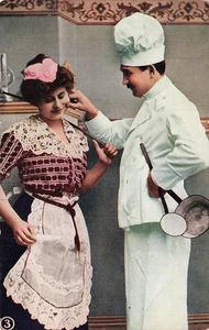 CHEF PINCHES CHEEK OF HOUSE MAID c1910 ROMANCE POSTCARD 111925  U - Picture 1 of 2