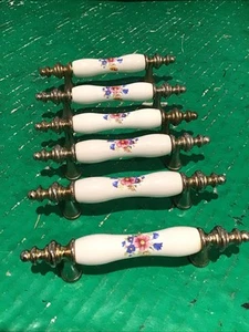 Lot of 6 Vintage Amerock Drawer Pulls Handles Porcelain Floral Blue Pink Flower - Picture 1 of 10