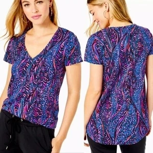Lilly Pulitzer Etta V-Neck Blue Flare Always Pawsitive T-Shirt XL Damen - Bild 1 von 7