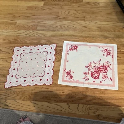 2 Vintage Floral & Heart Print Cotton Hankies  -Red/Pink/White - Image 1 of 4