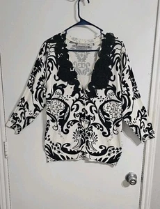 Boston Proper Rose Ruffle Cardigan Women's Large Black  White Romantic Feminine  - Picture 1 of 10