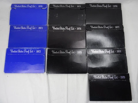 1970-1979 Lot of 10 US Mint Proof Sets Decade 57 Coins 40% Silver Kennedy OGP Cover