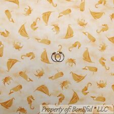 BonEful Fabric Cotton Quilt Yellow Gold Sail Boat Ship Crab Tonal Calico Scrap