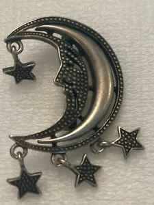 Vintage Charmante 1990's Man In The Moon Stars Silver Pewter Dangle Pin Brooch - Picture 1 of 3