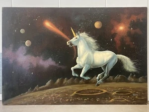 🔥 Fine Vintage Fantasy Magical Unicorn Horse Outer Space Oil Painting, 1970s - Picture 1 of 24