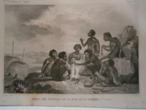 gravure 19° voyage Cook : Repas habitans de la baie de la Trinité Nlle Hollande - Imagen 1 de 1