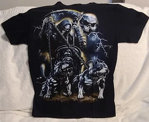 GRIM REAPER SCYTHE PITBULL DOG SKULL LIGHTNING GRAVEYARD SANTA MUERTE T-SHIRT - Picture 1 of 4