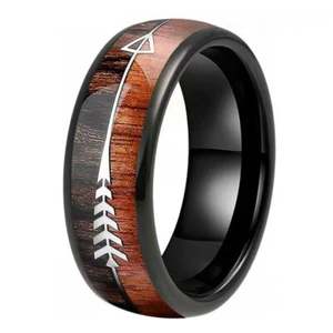 Love Arrow Promise Stainless Steel Black Ring Women Men Wedding Band Wood Inlay - Picture 1 of 5