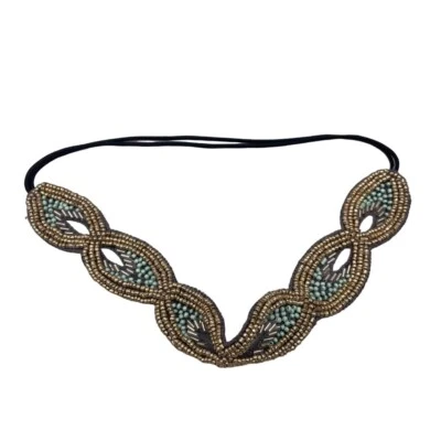 Gold Tone Seed Beads Headband Stretch Elastic One Size Elegant Preppy Evening - Image 1 of 4