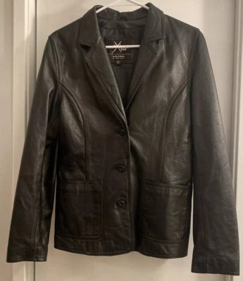 Wilsons Maxima женщин размер M черная кожаная куртка ретро блейзер с карманами A + - Изображение 1 из 4