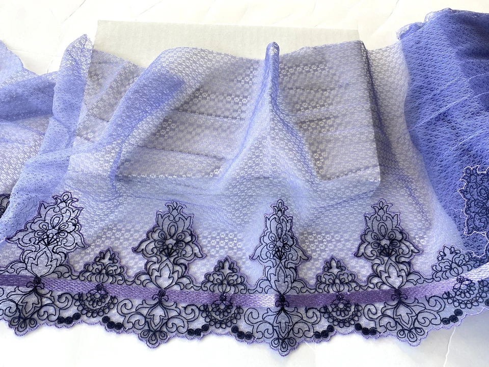 Stretch Floral Embroidered Lace Trim /Purple Tulle/Sewing/Craft/Bridal/8.5"Wide  - Image 1 of 4