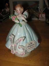 Josef Originals Birthday Girl Angel Blue Gown Age 16 Sankyo Japan Music Box Tag
