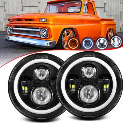 2x 7'' Round LED Headlights Halo Ring Hi/Lo Beam For Chevrolet C10 C20 G30 Truck - Image 1 of 4