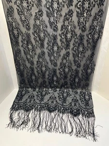 Black Flower Textured See-Thru Lace Scarf Fringe Sheer Shawl Pattern Butterfly - Picture 1 of 7