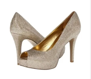 Nine West 'Camya' High Heel Pumps Gold Glitter Sze 7.5 peep toe party wedding - Picture 1 of 11