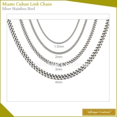 Stainless Steel Silver Miami Cuban Link Chain Bracelet Necklace 1.5mm-9mm 7-38" - Image 1 of 4