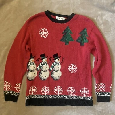 Suéter de Navidad tejido a mano vintage Marisa Christina muñeco de nieve copos de nieve Foto 1 de 4